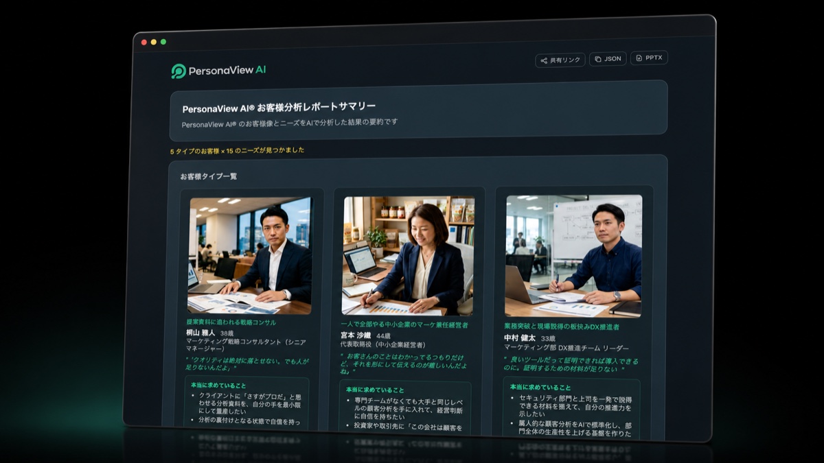 PersonaView AI のダッシュボード画面(ペルソナとカスタマージャーニーの自動生成結果)